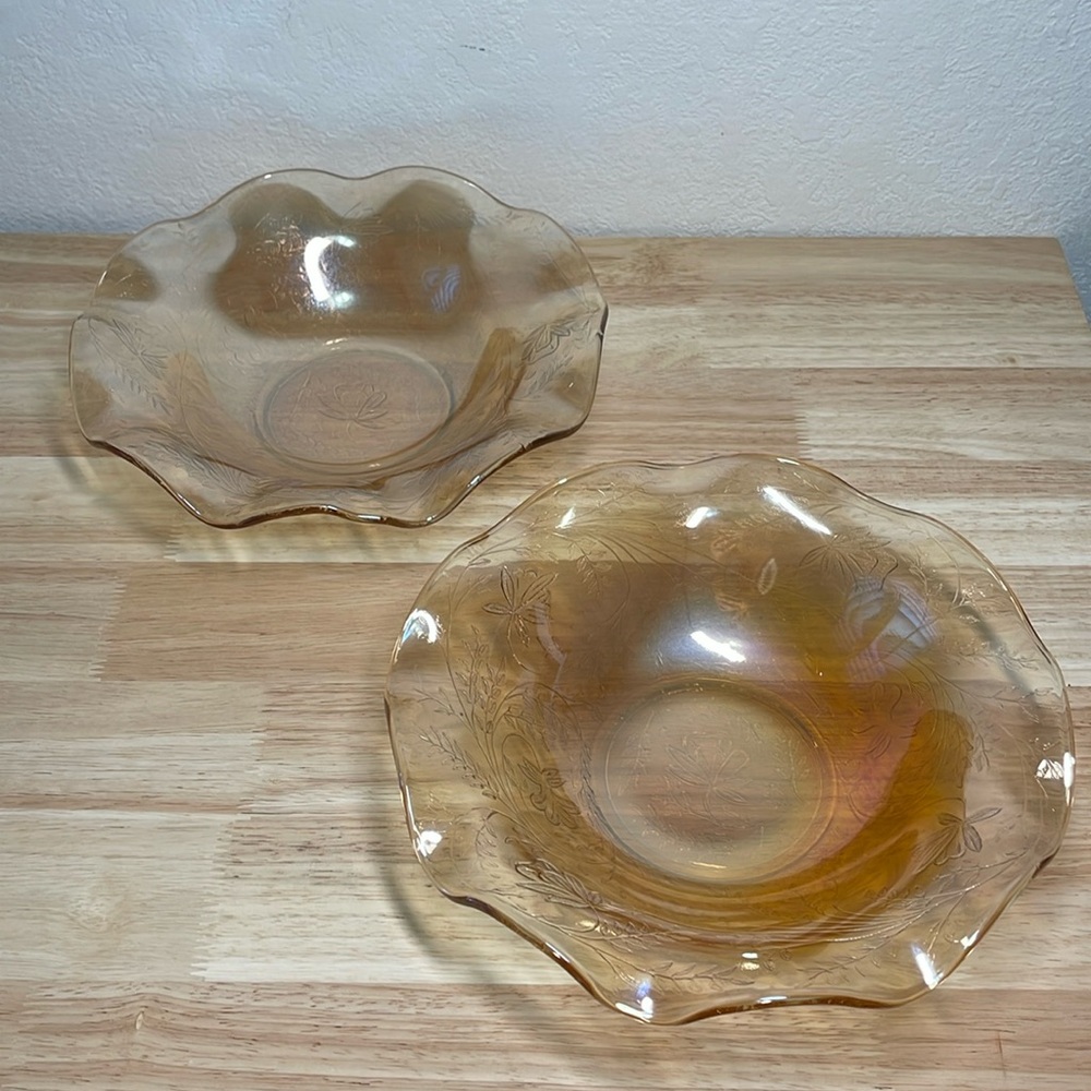 2 Jeannette Floragold Ruffled Glass Bowls Marigold Iridescent Large Carnival Vtg